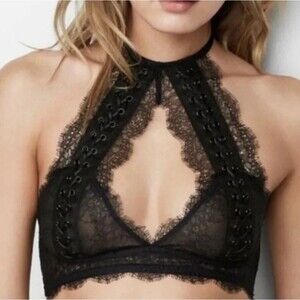 Victoria's Secret Eyelash Lace Mesh Keyhole Front Halter Bralette Black Medium
